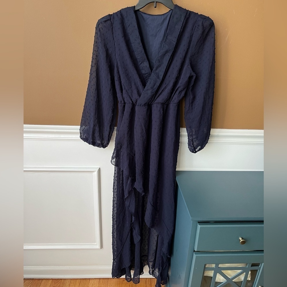 Elegant Navy Sheer Wrap Dress Size Large - Picture 2 of 5